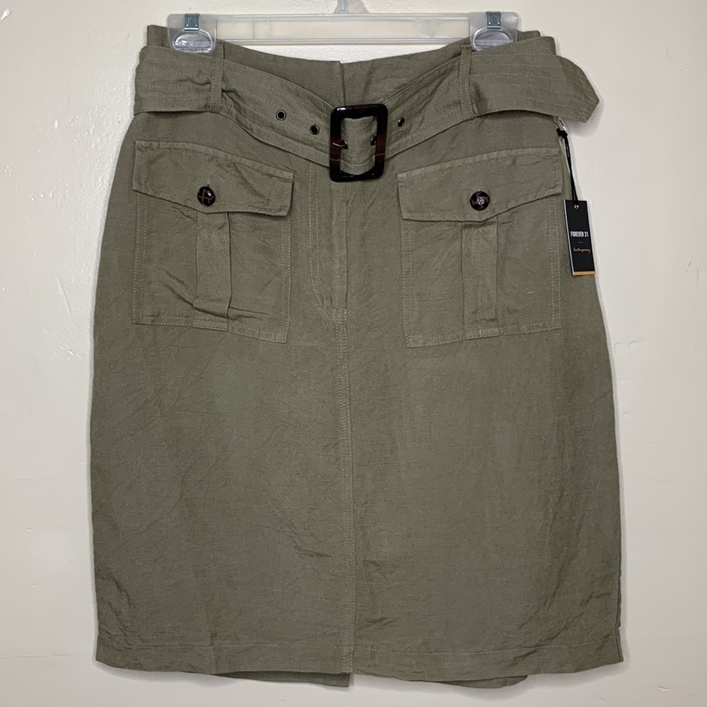 FOREVER 21 Contemporary Skirt Linen Green Belted Safari Pencil Office NWT Large